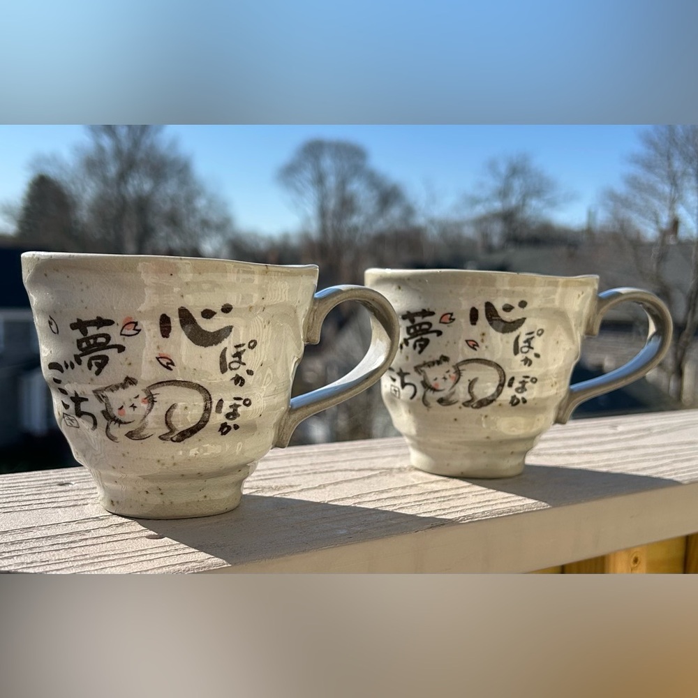 Handmade Japanese Mino Ware Cat Mugs, Set of 2